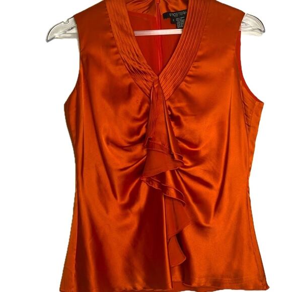Etcetera 95% silk 5% spandex orange v-neck sleeveless blouse with ruffle size 2 - Picture 1 of 6